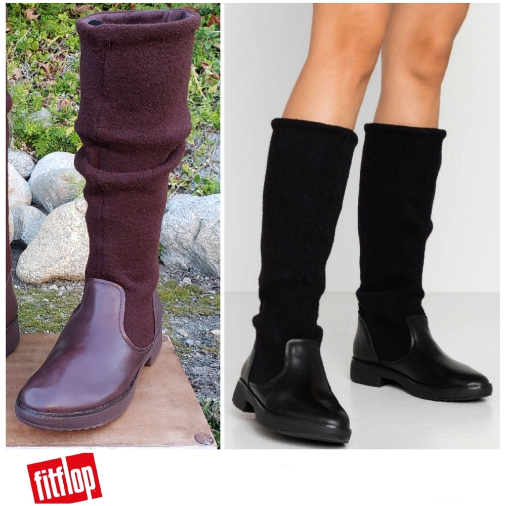 Dark Brown Fitflop Leather & Wool Knit Boots